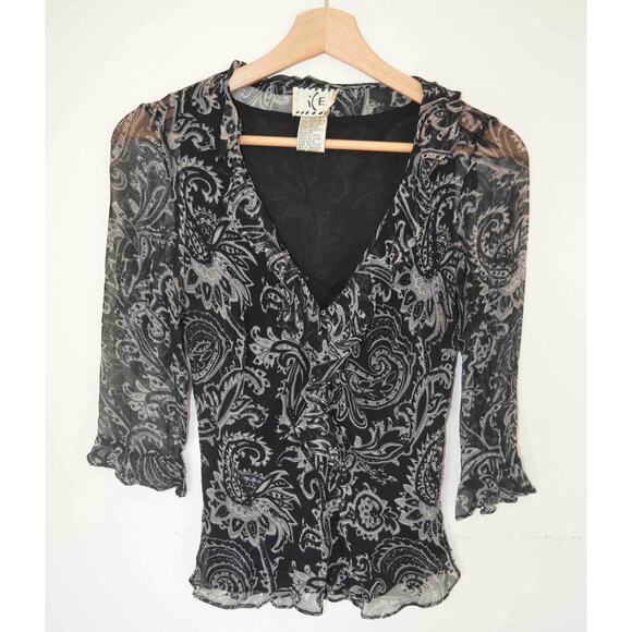 Y2K Ice Silk Paisley Beaded Ruffle Neckline Blouse Size Small - Picture 2 of 5